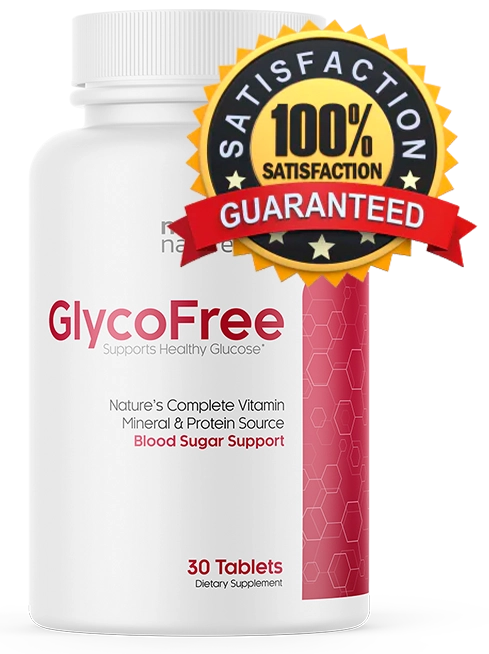 Large view of the GlycoFree dietary supplement bottle with satisfaction guarantee seal