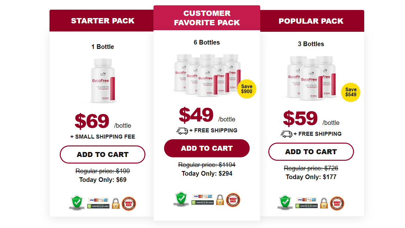 GlycoFree package options including starter pack, three bottle popular pack and six bottle customer favorite pack