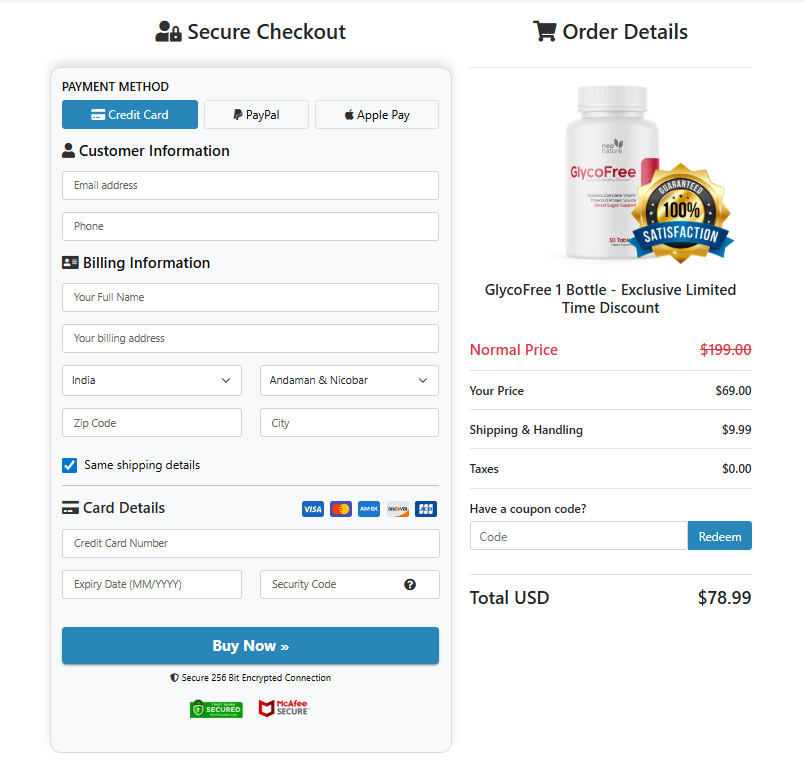 GlycoFree secure checkout page showing payment methods, billing fields and an order summary